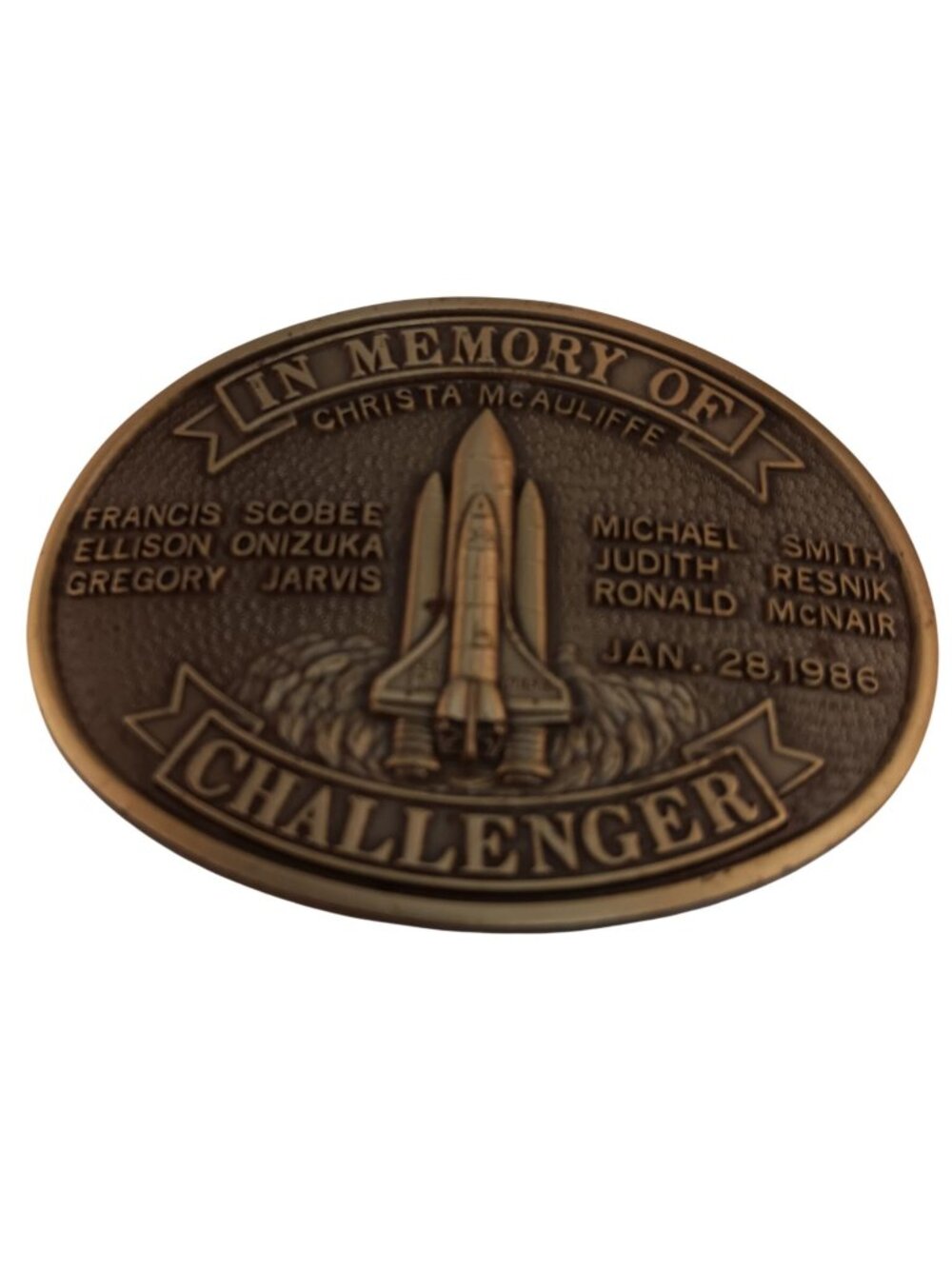 Vintage NASA Challenger Space Shuttle Memorial Belt Buckle Brass/Bronze 1986